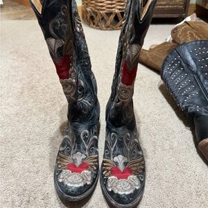 Old Gringo Black Western Boots with Red Heart and Gold Embroidery